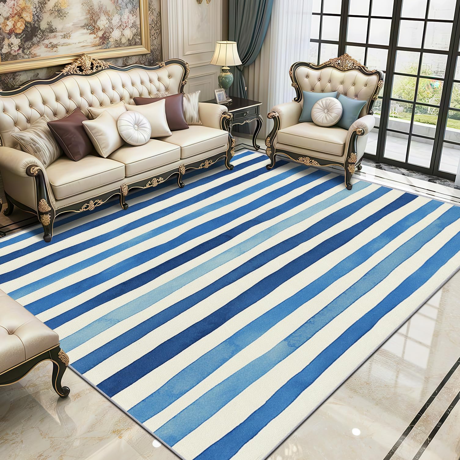 Striped Area Rugs for Living Room 80x150 - Blue and White Stripe Rug for Bedroom, Nautical Geometric Non Slip Washable Short Pile Carpet