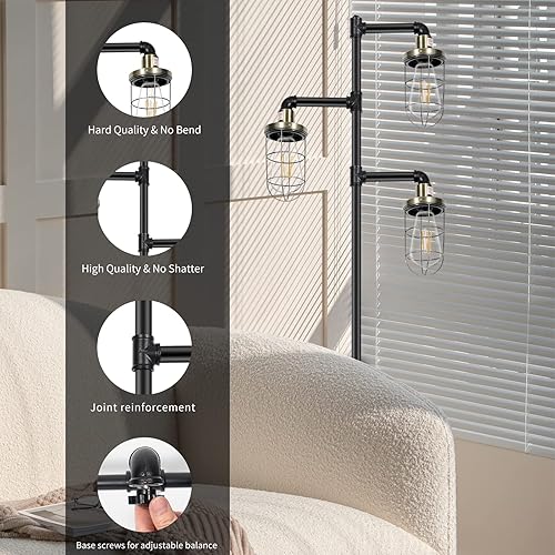 Miniatura 3 de CONCA Steampunk - Lámpara de pie industrial de tres cabezales con bombilla Edison rústica y pantalla de jaula (negro + bronce verde)