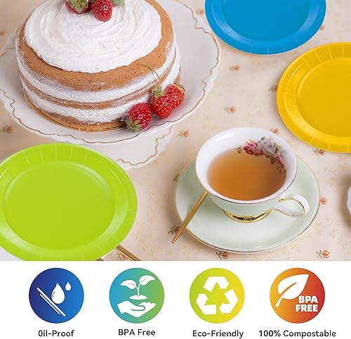 Miniatura 3 de LMJUNZZ 60 platos de papel coloridos desechables de colores para fiestas, rojo, amarillo, azul, rosa, verde, platos de 7 y 9 pulgadas para cena,