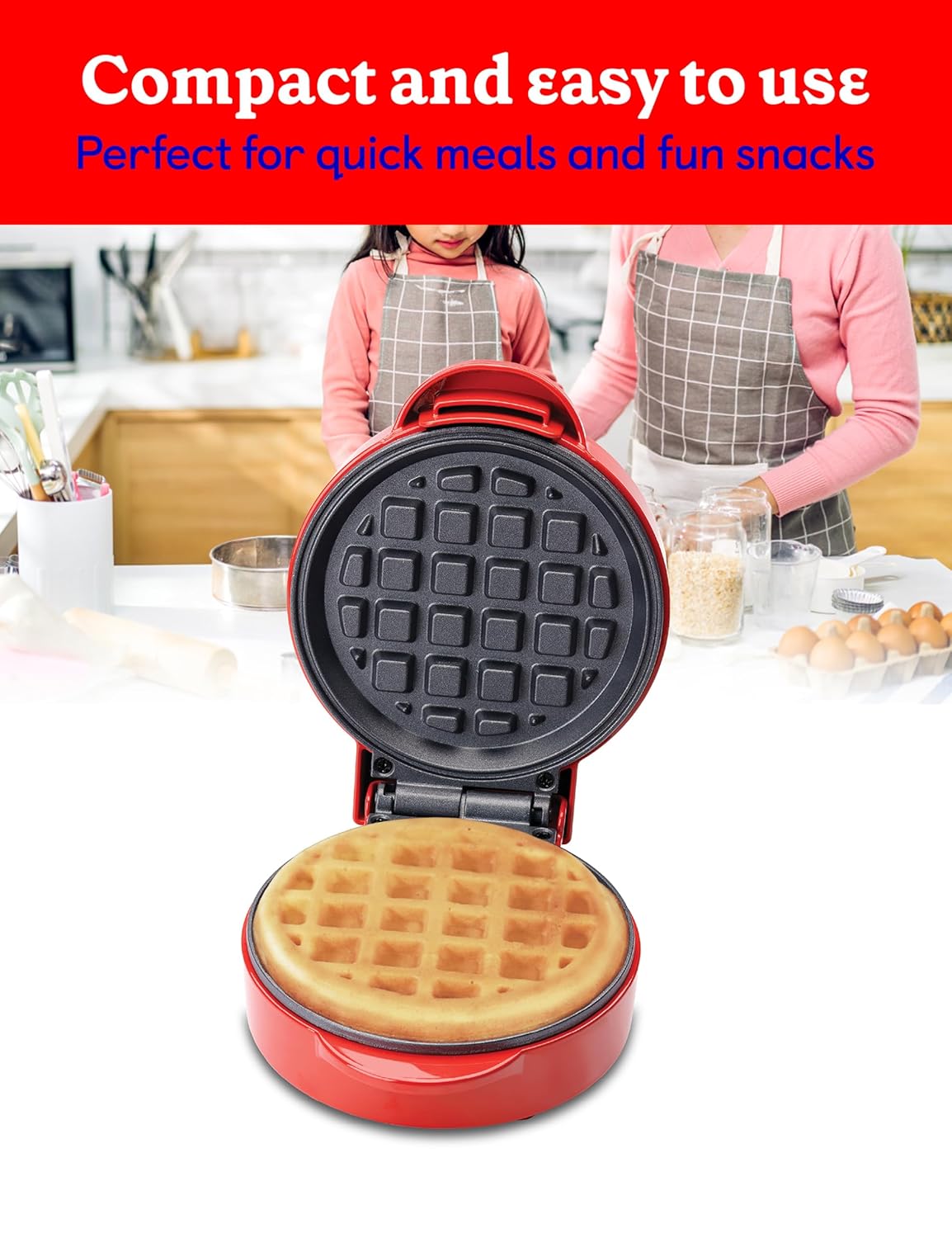 Betty Crocker Mini Waffle Maker, 550W Compact Kitchen Appliance, Quick & Even Heat for Home and Kitchen, Makes 4.5" Waffle, 4.9" Non-Stick Plates, Recipes Included, BC-4888R, Red