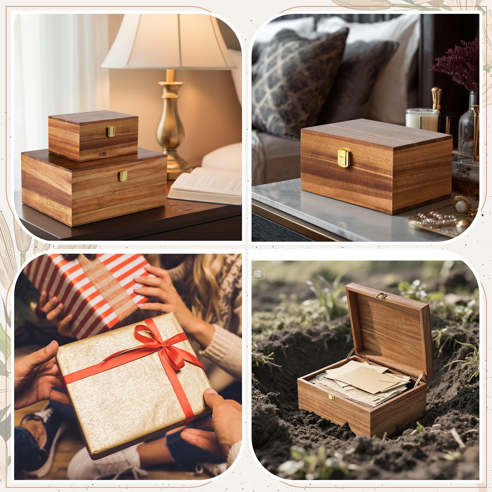 Vicenpal Erinnerungsboxen aus Holz mit Scharnierdeckel, Akazienholz, Größe S & L, 28 x 22 x 12 cm und 17 x 13 x 8,9 cm, dekorative Truhe für Bastelarbeiten, Fotokarte, Schmuck, Hochzeit, ideales