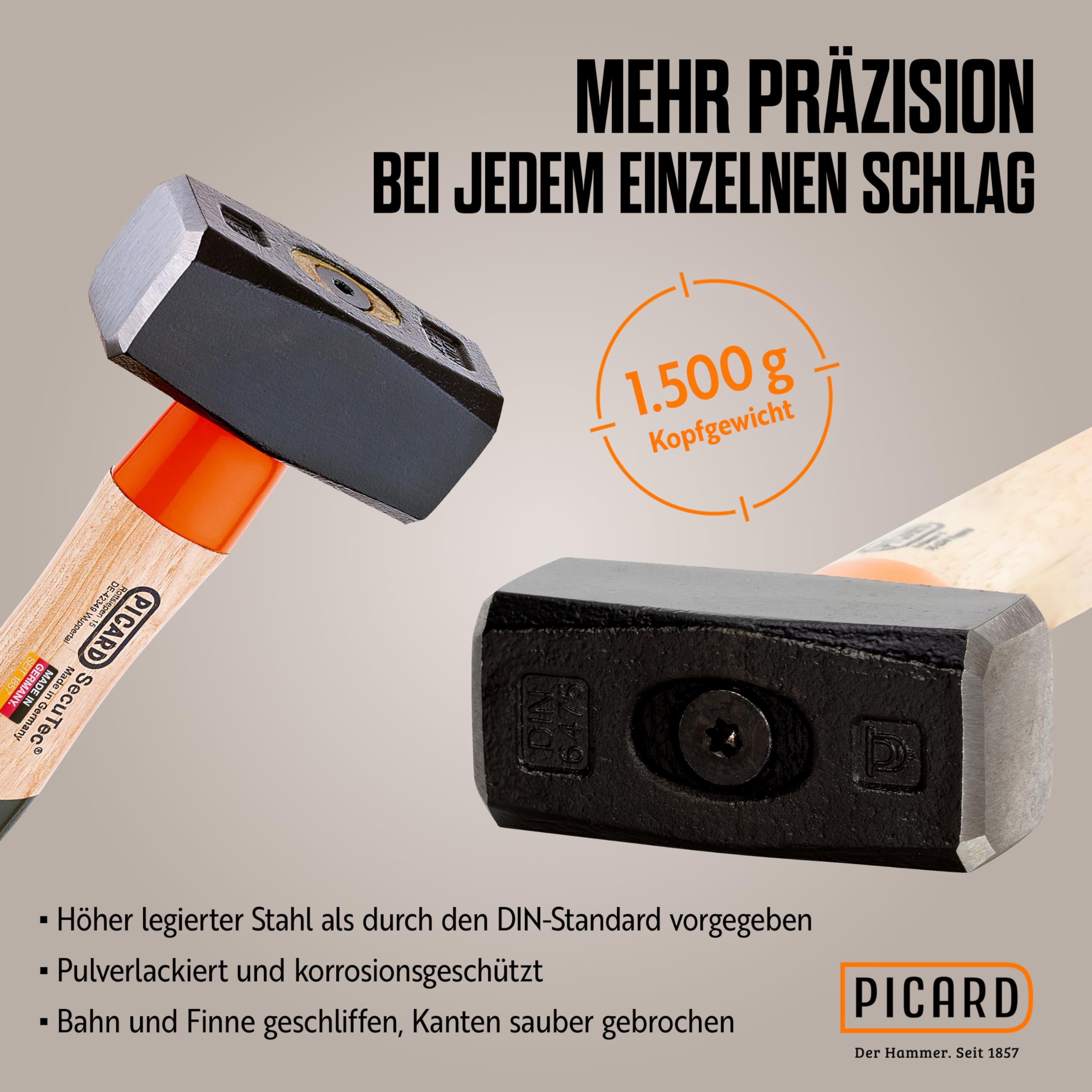 PICARD Fäustel SecuTec Nr. 43 HS 1500g | 280mm Länge | Sicherheitssystem mit Keilschraube | Robuster Hickorystiel | DIN 6475 | Ideal für Werkstatt & Industrie | Made in Germany seit 1857