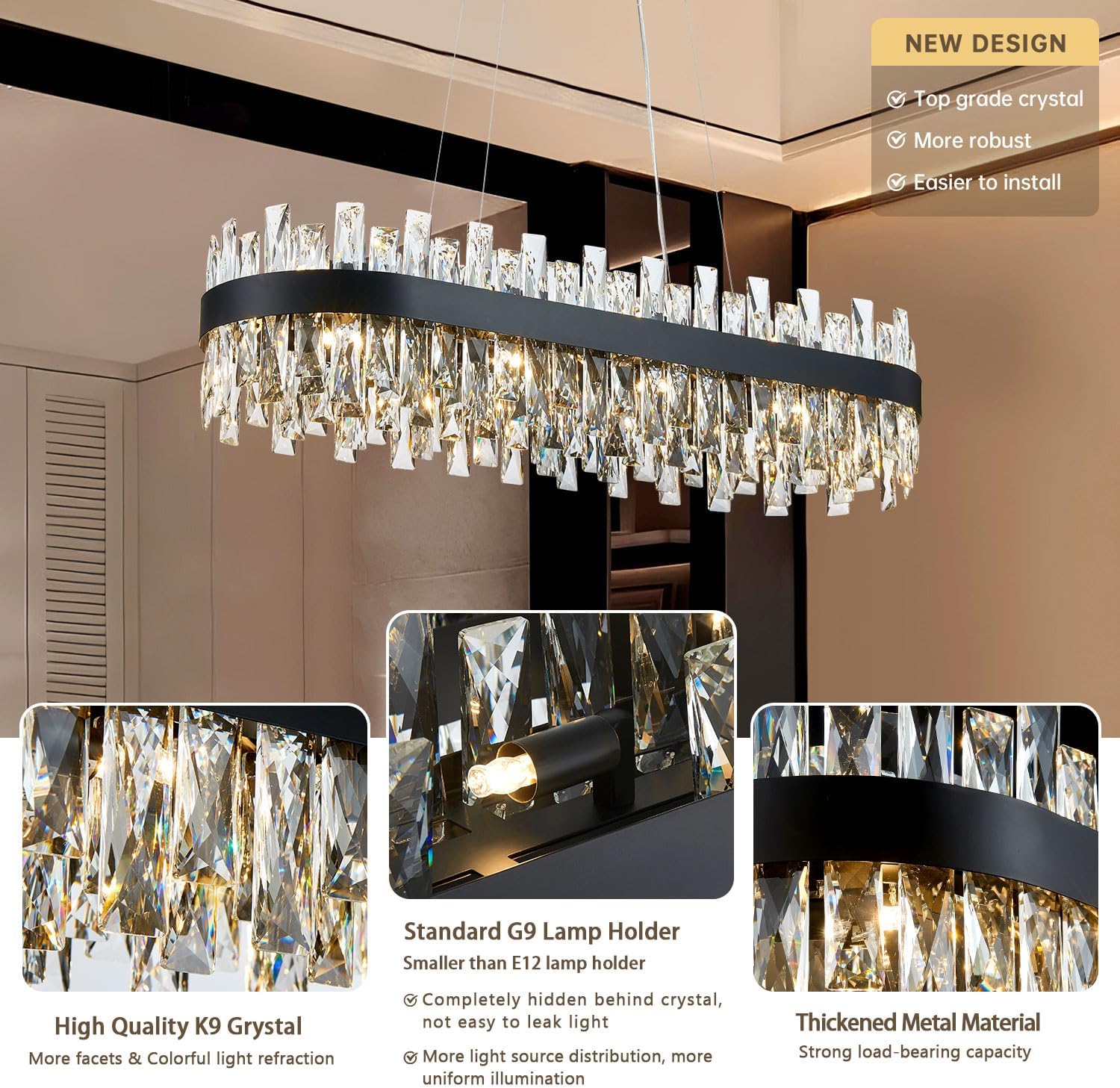 Modern Black Crystal Chandelier for Dining Room, Rectangle K9 Crystal Raindrop Chandelier Lights, Contemporary Ceiling Hanging Light Fixtures for Kitchen Island Dining Room, Length 35.4 inches
