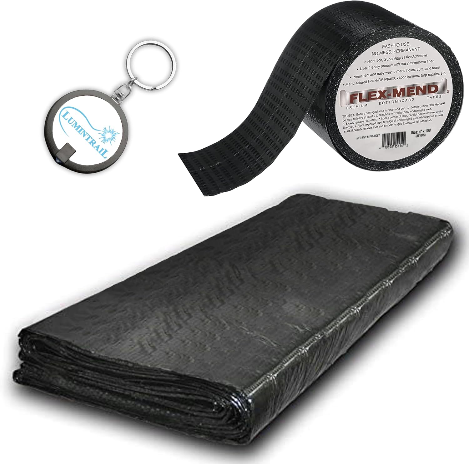 Lumintrail Mobile Flex Bottom Board Mobile Home Underbelly Wrap Repair | 48" x 14ft | Durable Polyethylene Vapor Barrier | with 4" x 108ft Flex Mend Bottom Board Repair Tape a Keychain Light