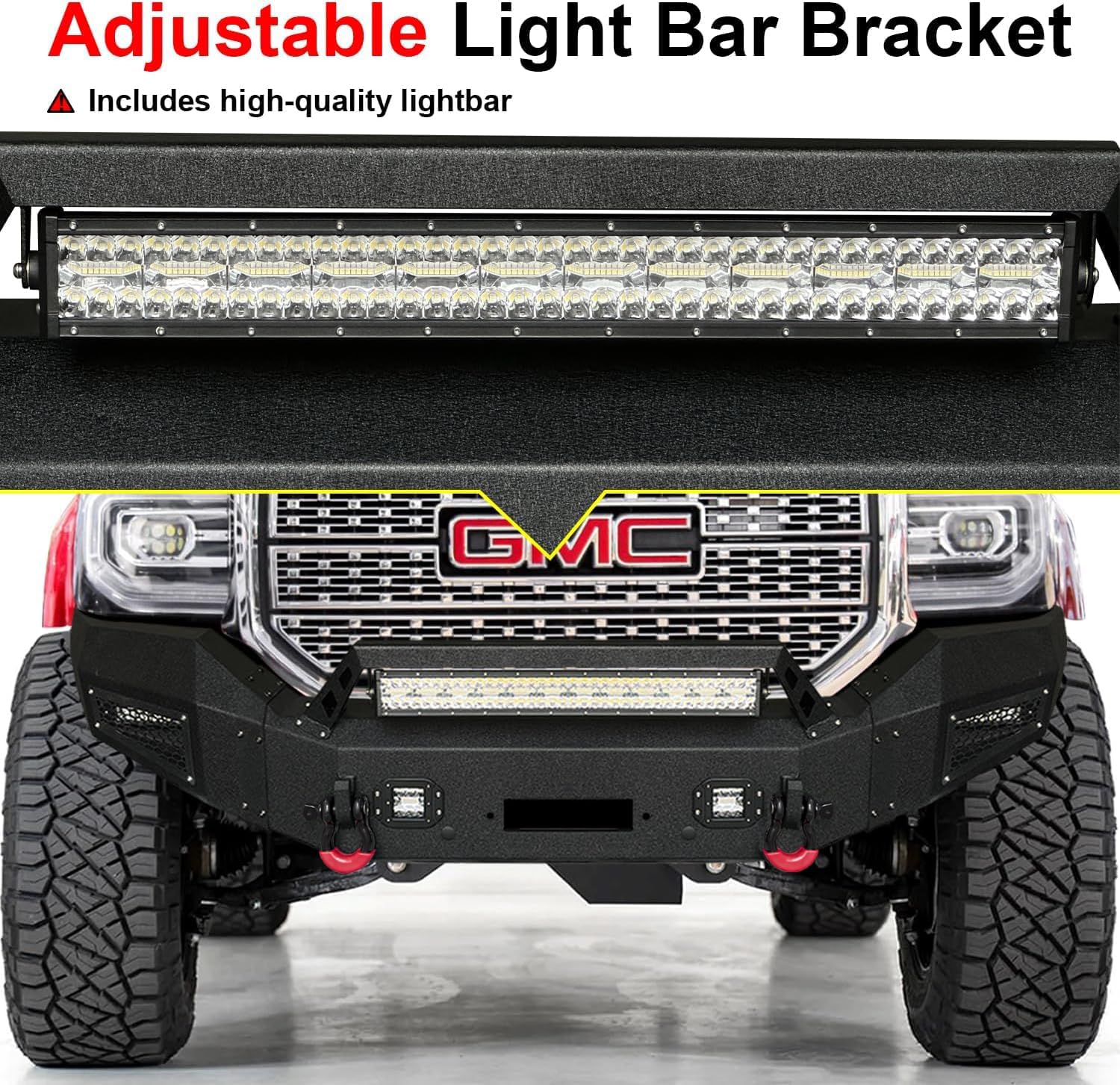 Front Bumper Upgraded Texture Black Compatible with 2016-2018 GMC Sierra 1500 w/Winch Plate and Sensor Mounting Hole and D-Ring and LED Aluminum Lights