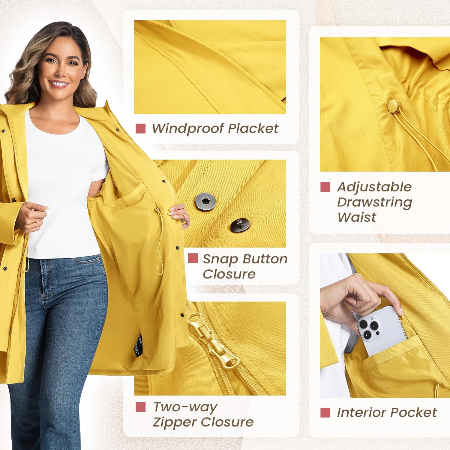 Trench Jackets for Women Lightweight Waterproof Detachable Hood Coat Windbreaker Long Sleeve Raincoats with Belt - Image 3