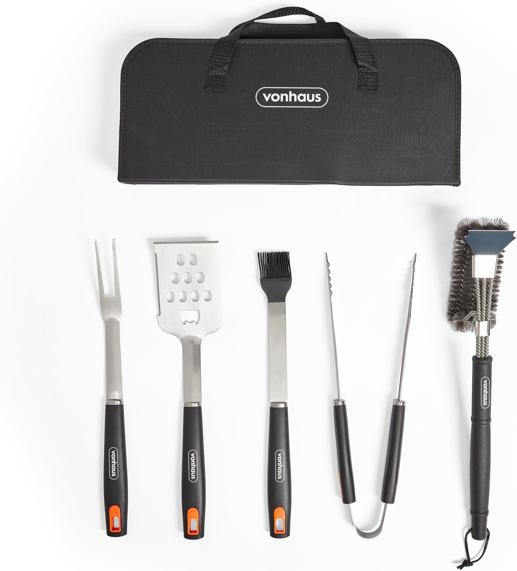 VonHaus BBQ Tool Set & Storage Case, 5 Piece Barbeque Accessories Kit, Includes Spatula, Fork, Tongs, Basting Brush & Cleaner, Heavy Duty Stainless Steel BBQ Utensil Set for Outdoor Cooking
