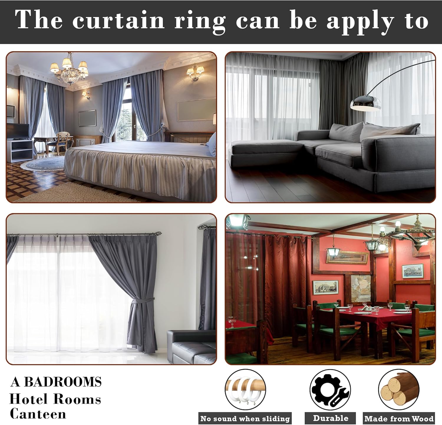 12 Pcs Premium Wooden Window White Curtain Drapery Rings, Hooks, Clips for 1 to 1.75 Inch Curtain Rod Pole (Inner Día 2.2 Inch, Outer Día 3 Inch)