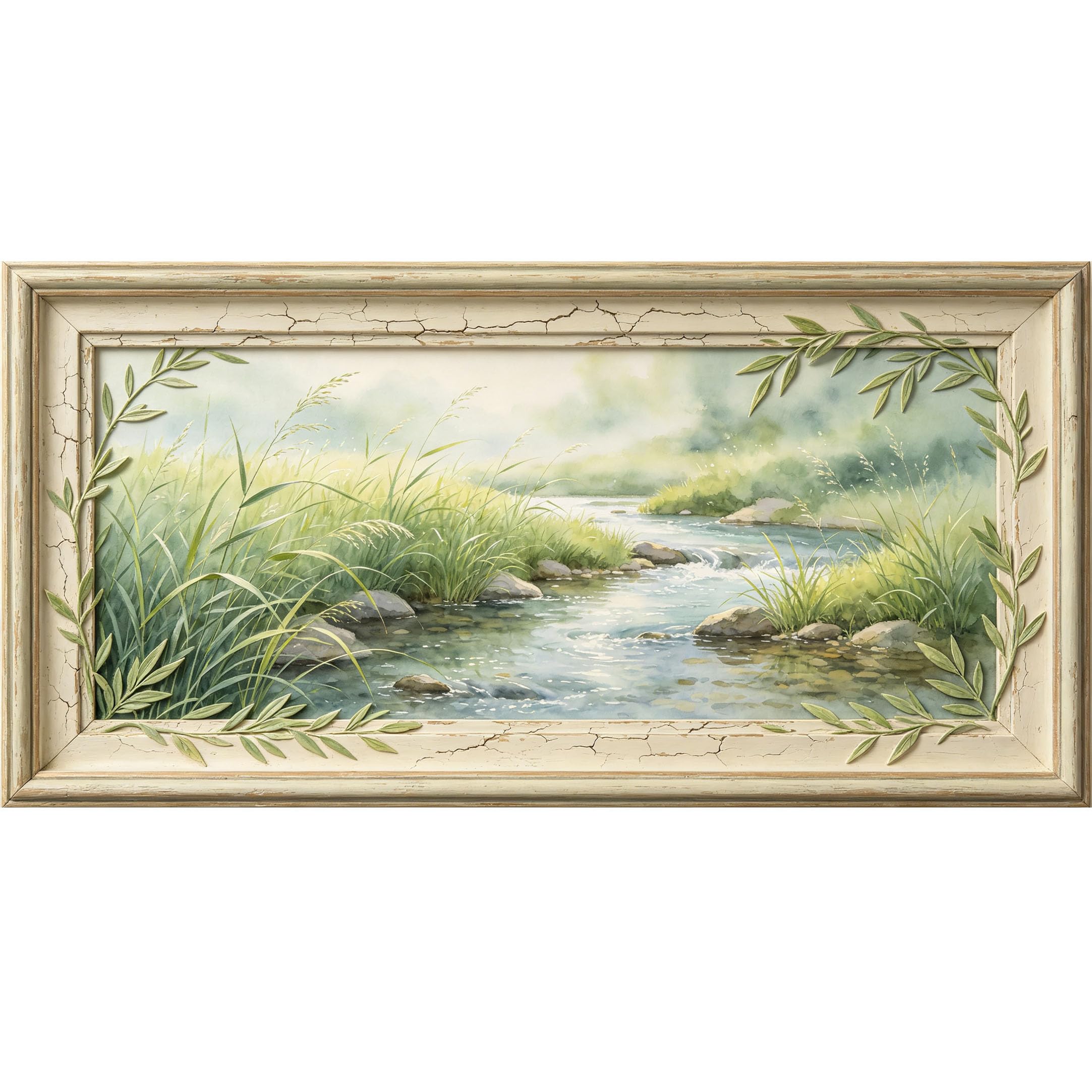 Agglomerix 3D Framed Wall Art Watercolor River Stream Landscape Botanical Leaves Relief Effect Large Size SelfAdhesive Removable Wall Decor Prints Artwork for Living Room Bedroom Office