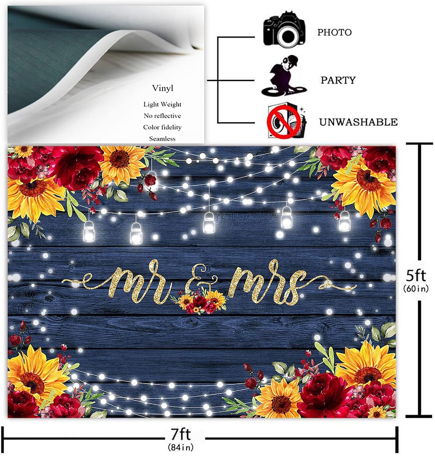 Avezano Burgundy Mr & Mrs Backdrop for Wedding Shower Engagement Party Decorations Rustic Navy Sunflower Fall Wedding Backdrops Navy Wood Mr and Mrs Background (7x5ft)