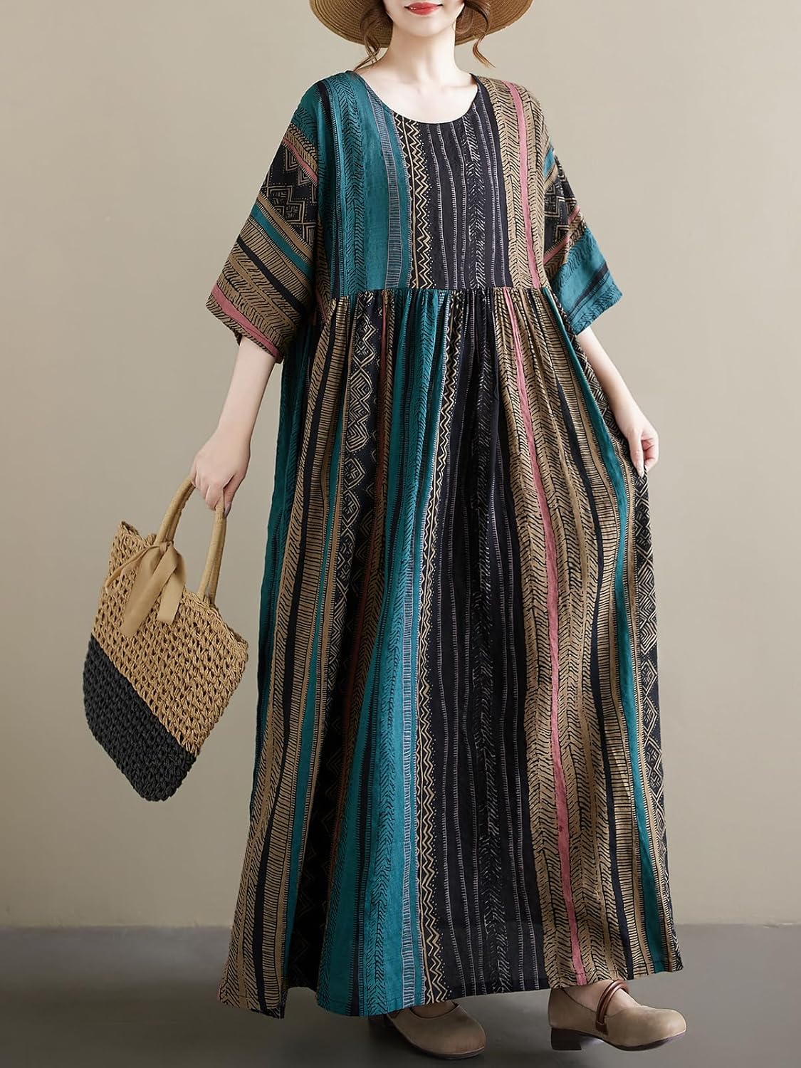 Women Summer Casual Loose Dress Plus Size Boho Dresses Vintage Striped Print Round Neck Short Sleeve with Side Pocket - Image 4