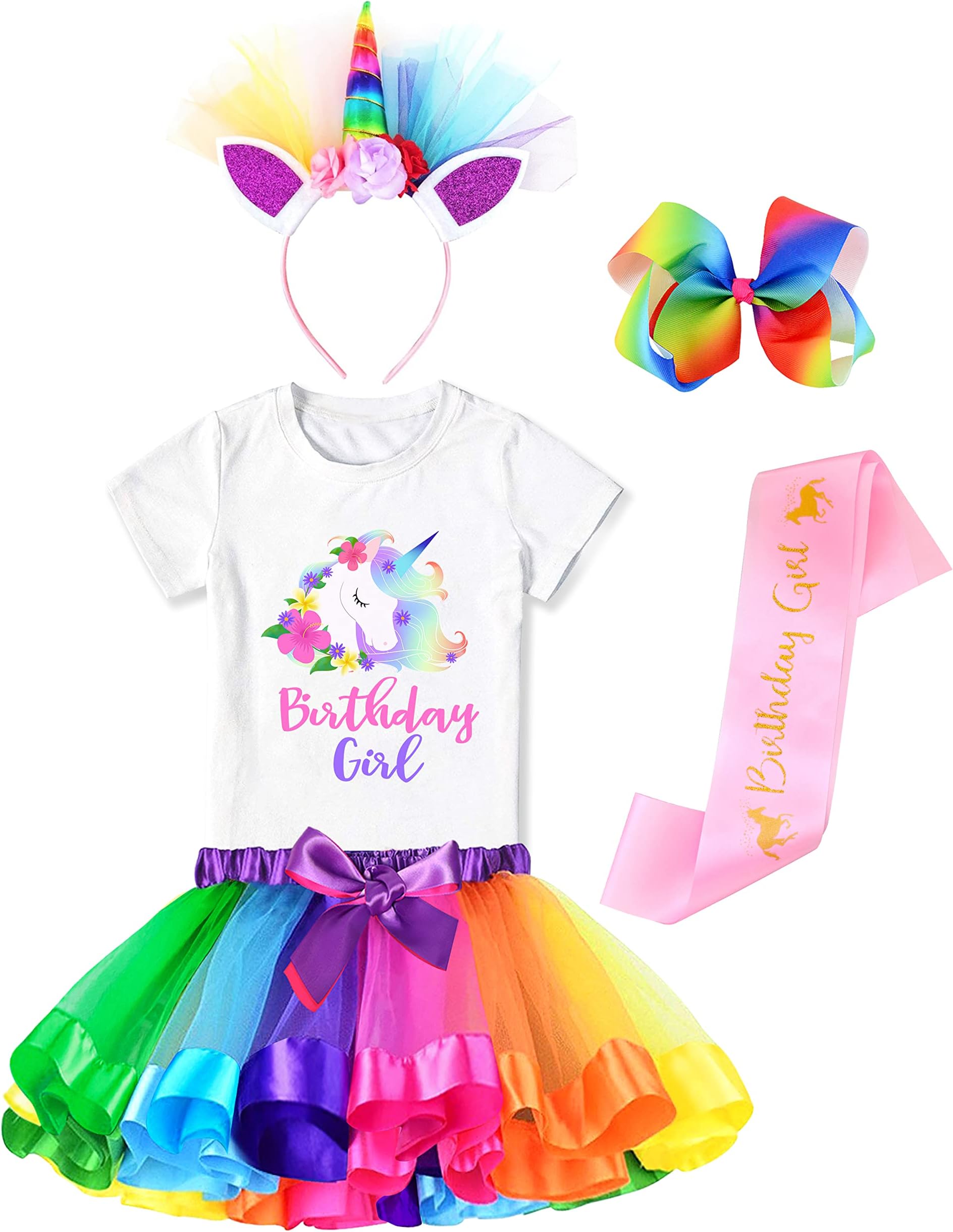 Doctor Unicorn Birthday Girls Outfit Set Tutu Skirt Dress, Unicorn Shirt, Headband & Satin Sash
