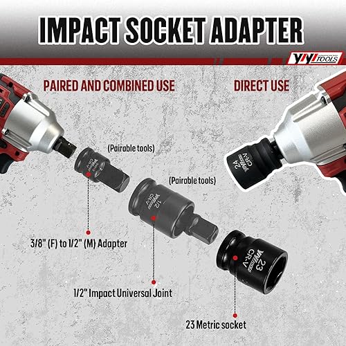 Miniatura 5 de Juego de llaves de vaso de impacto poco profundas de 12 pulgada (0.315-0.945 in), juego de llaves métricas, 6 puntos, acero CR-V para mantenimiento