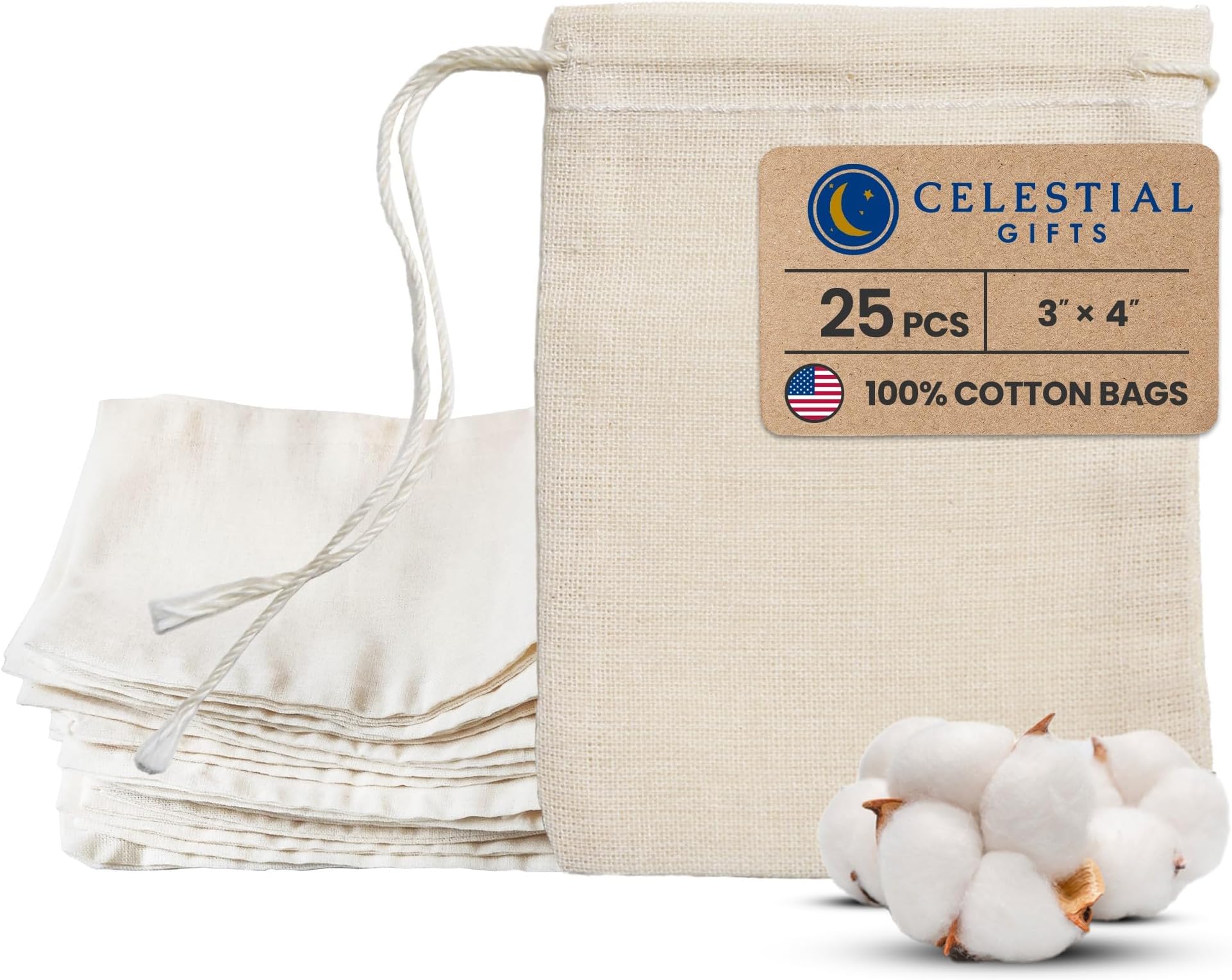 Muslin Bags - Drawstring Bags Small 25pcs - 3x4, Reusable Tea Bags, Jewelry Gift, Spice and Cotton Gift Sachet Bags - 100% Cotton - Made in USA - (Natural Hem & Drawstring)