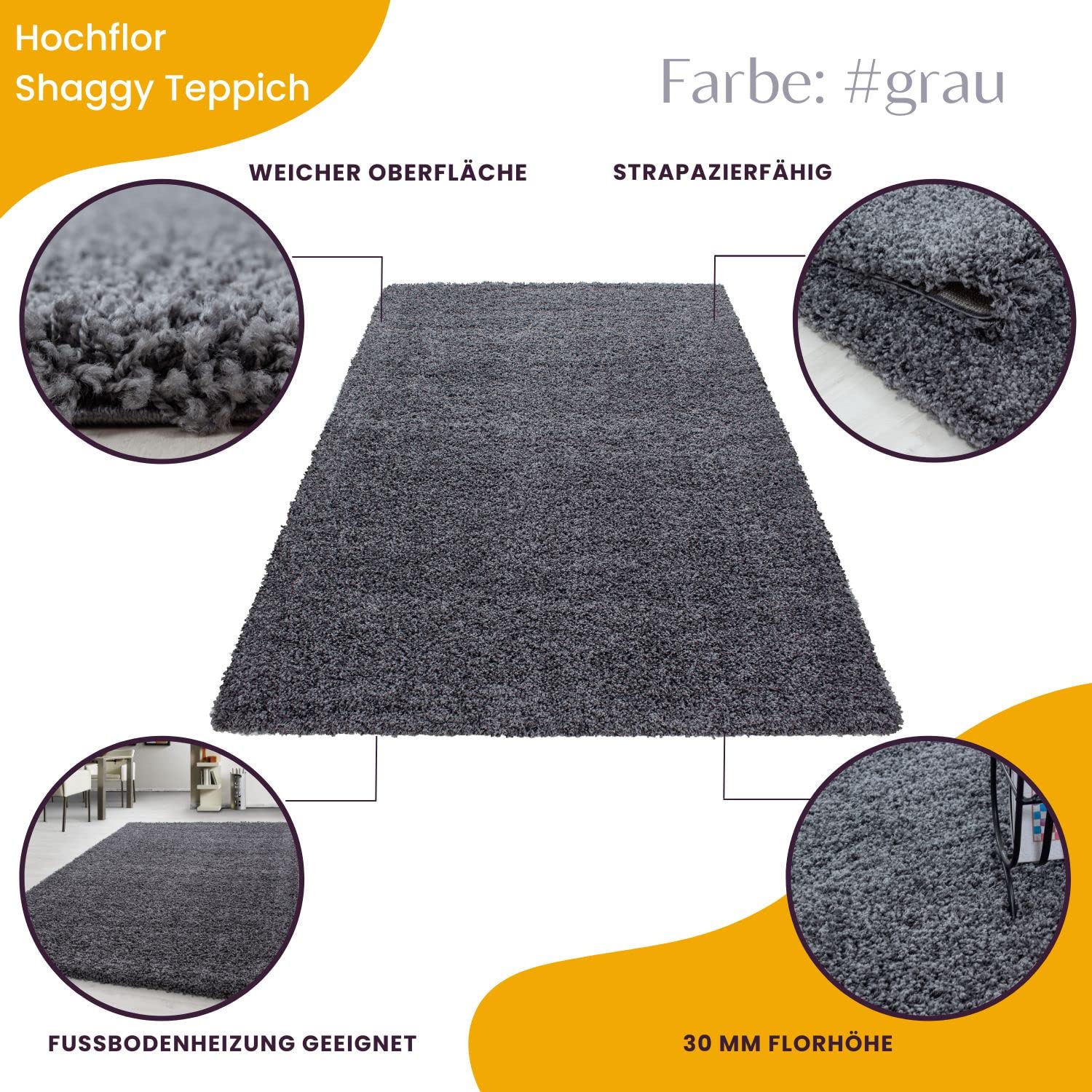 Teppium Moderner Hochflor Teppich Wohnzimmer 200x300 (200 x 290 cm) Grau - Shaggy Flauschiger Teppich, Extra Weich, Pflegeleicht und Einfarbig - für Schlafzimmer, Küche und Esszimmer
