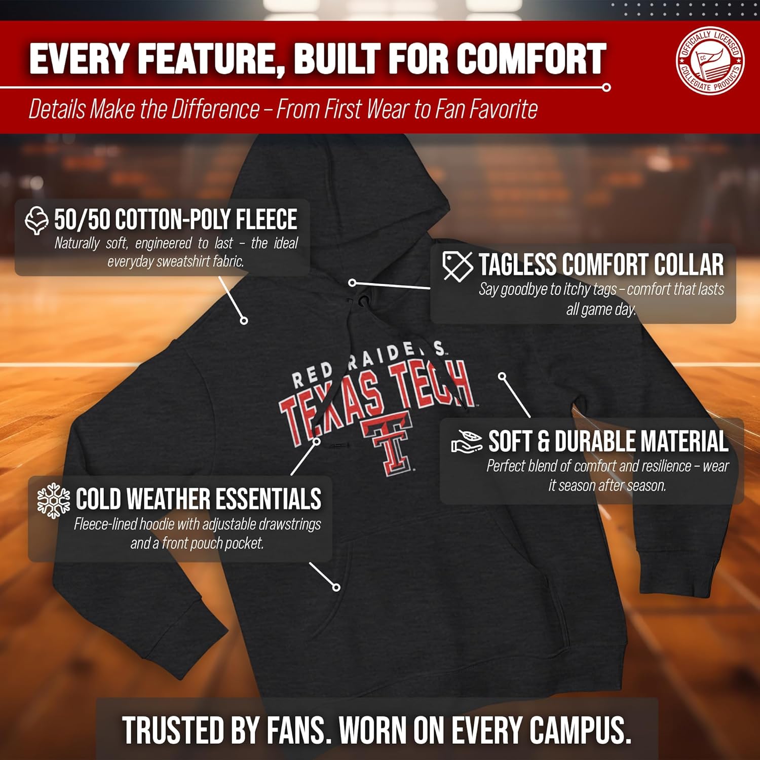 Campus Colors NCAA Adult Unisex Starting Fresh Heathered Hooded Fleece Sweatshirt, Cozy Cotton Poly Blend, Vintage Hoodie