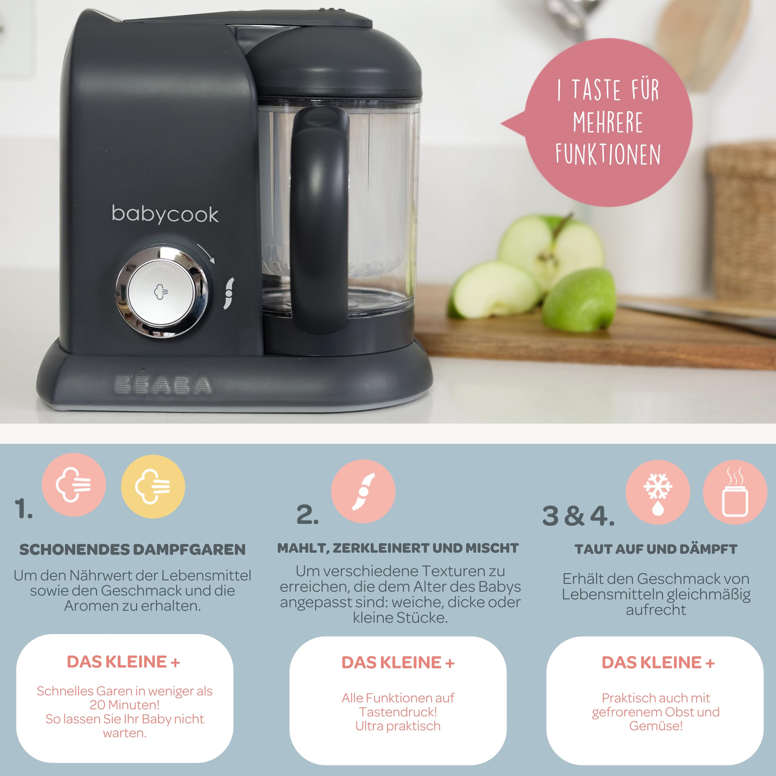 BÉABA Babycook Solo 4 in 1 Babynahrungszubereiter Dampfgarer Edelstahl Dunkelgrau