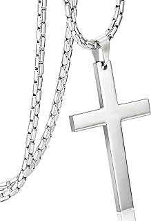 Collar Cruz Acero Inoxidable para Hombre Mujer Crucifijo Colgante Collar 3mm con Cadena de Eslabones Plata Croix Nekles Joyas 61cm
