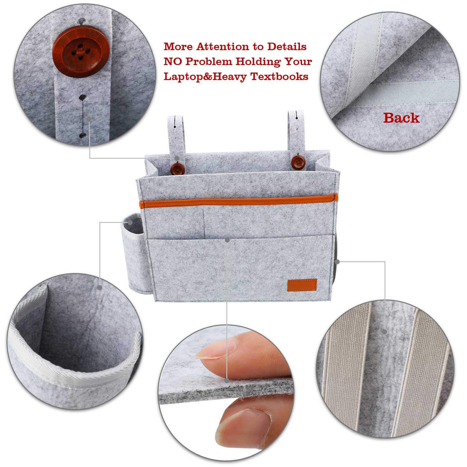 Organizer Da Letto In Feltro - Tasca Portaoggetti Per Divano, Comodino Appendibile, Grigio Scuro - Foto 7