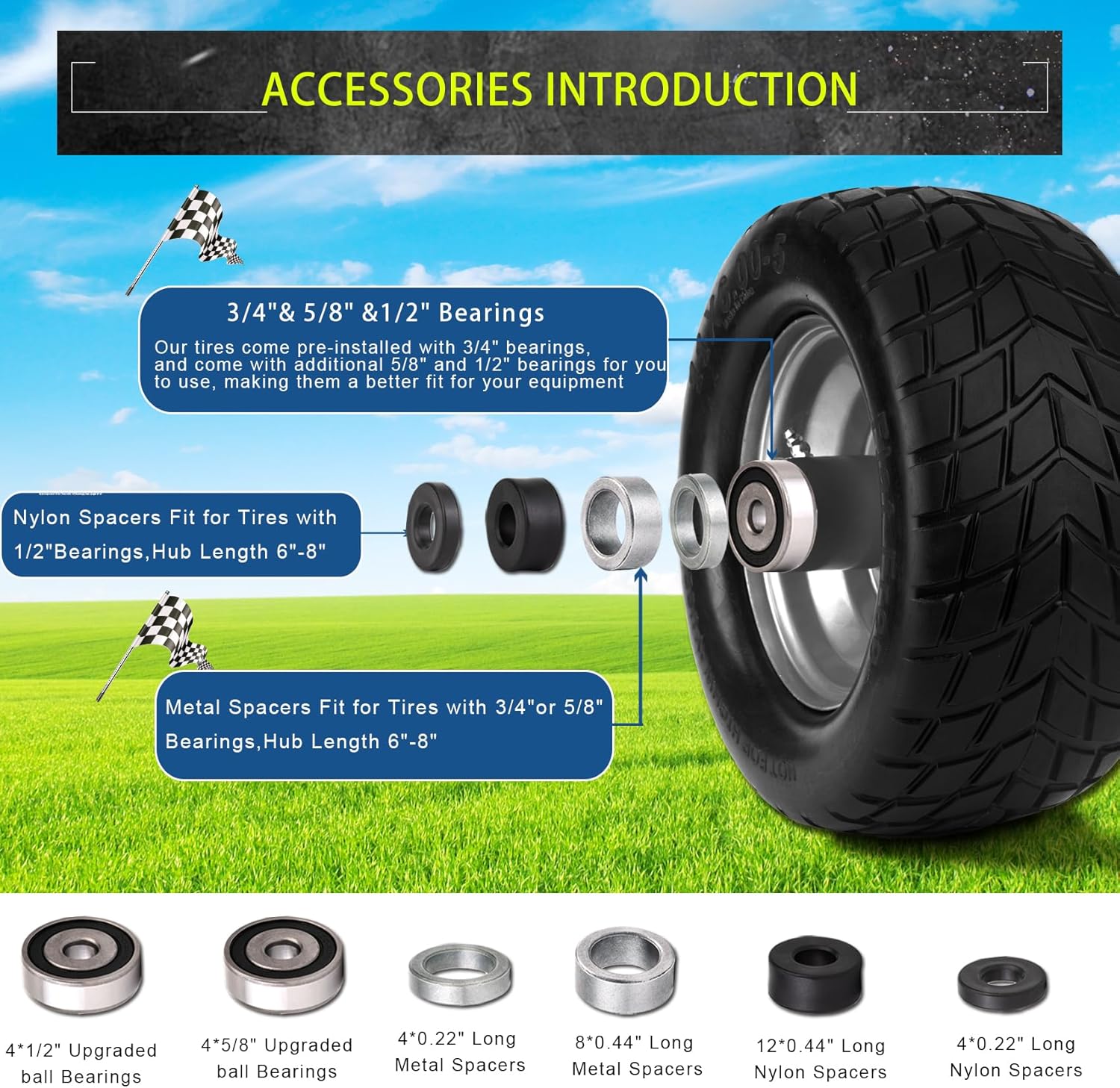 11x6.00-5 Flat Free Tires with 3/4" or 5/8" and 1/2" Bearings,11x6.00-5 Tires for Zero Turn Mower,6"- 8" Center Hub,Upgraded Large Bearing,More Durable,Load 400lbs