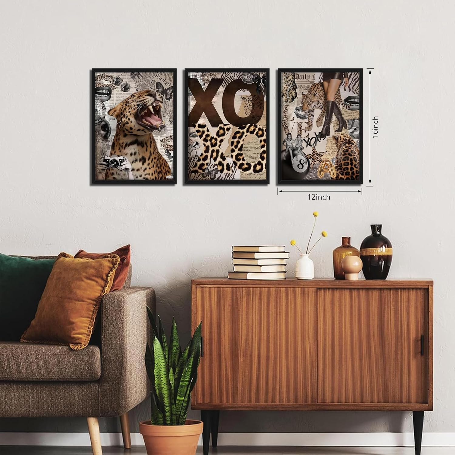 Framed Trendy Leopard Roar Canvas Wall Art Srt of 3, Fashion Stylish Cheetah Prints, Trendy Boots Poster, Aesthetic Fashion Wall Decor for Living Room Bedroom – Black Wooden Frame 12x16in