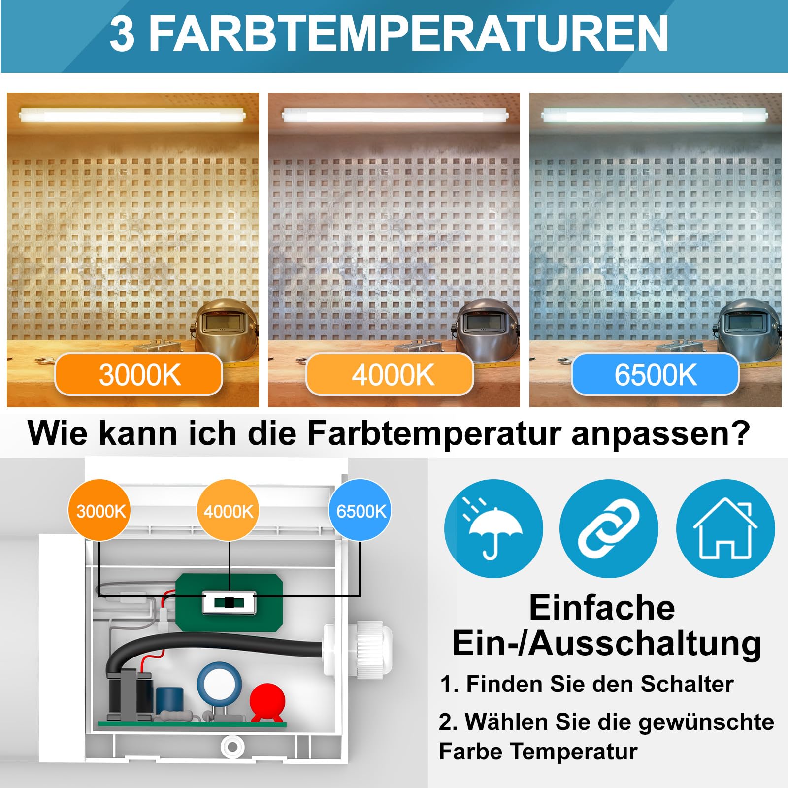 LED Feuchtraumleuchte 150CM 1er-pack, 48W 5400Lumen Feuchtraumleuchte LED, 6000K/4000K/3000K Kellerlampe, IP65 Wasserfest Feuchtraumlampe für Keller Werkstatt Garage Küche Büro