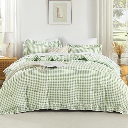 Miniatura 41 de Andency Juego de edredón beige tamaño King, 3 piezas estilo farmhouse shabby chic con volantes, ligero esponjoso suave de microfibra para todas