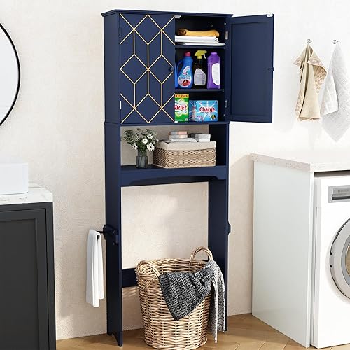 Miniatura 8 de Armario de almacenamiento sobre el inodoro con borde dorado, moderno organizador de baño sobre el inodoro con estantes ajustables y soporte de papel