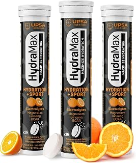 Upsa Hydramax Sport Electrolytes Hydration Tablets – Natural Orange Effervescent with 4 Essential Electrolytes Magnesium, Ginseng Extract, BCAAs & Vitamin C, 48 Count (48 Servings)
