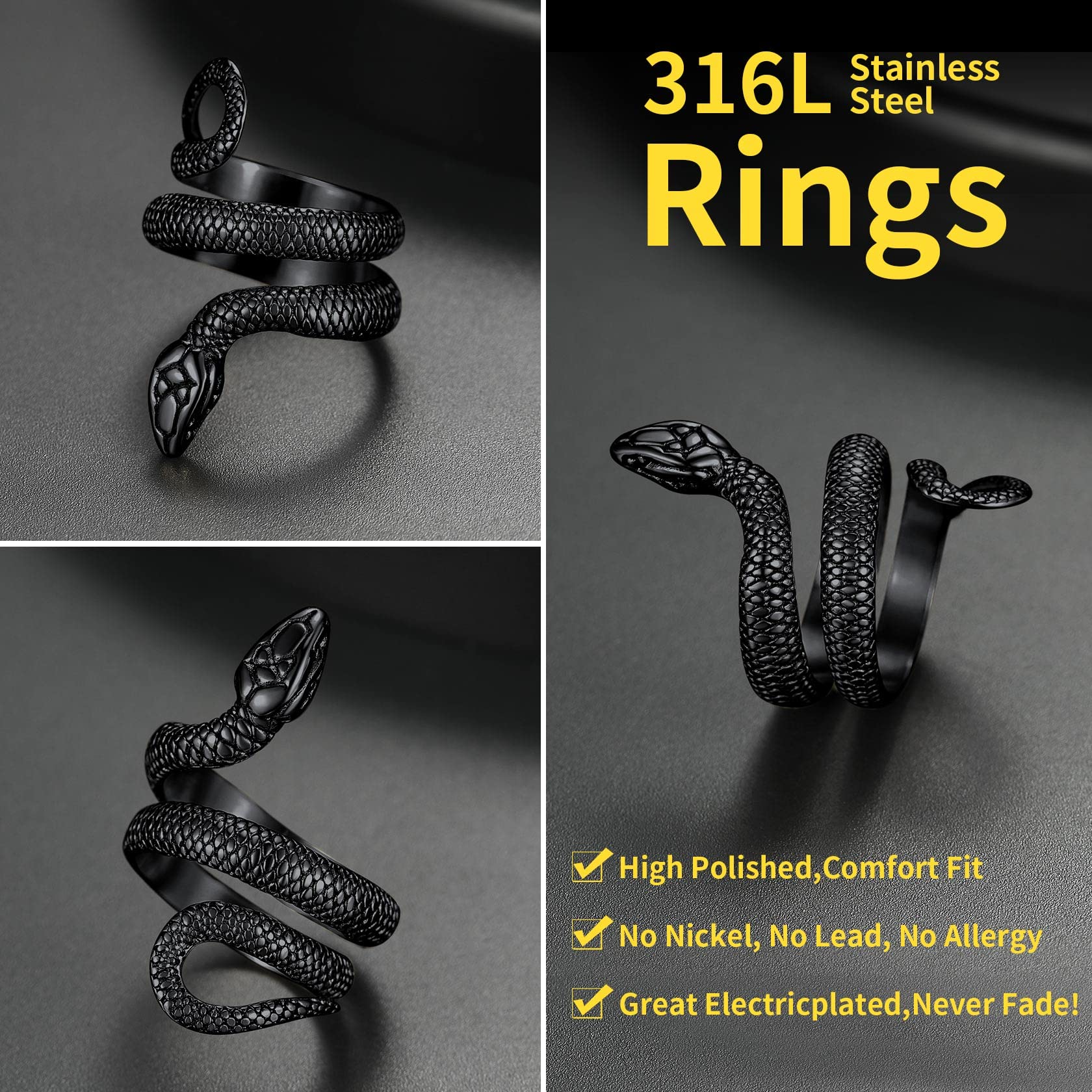 ChainsHouse Serpente Anello Avvolgente Serpente Anello Acciaio Uomo Stile Punk Gotico Impermeabile Non Sbiadisce Gioielli Vintage Retrò Taglia IT 14-27