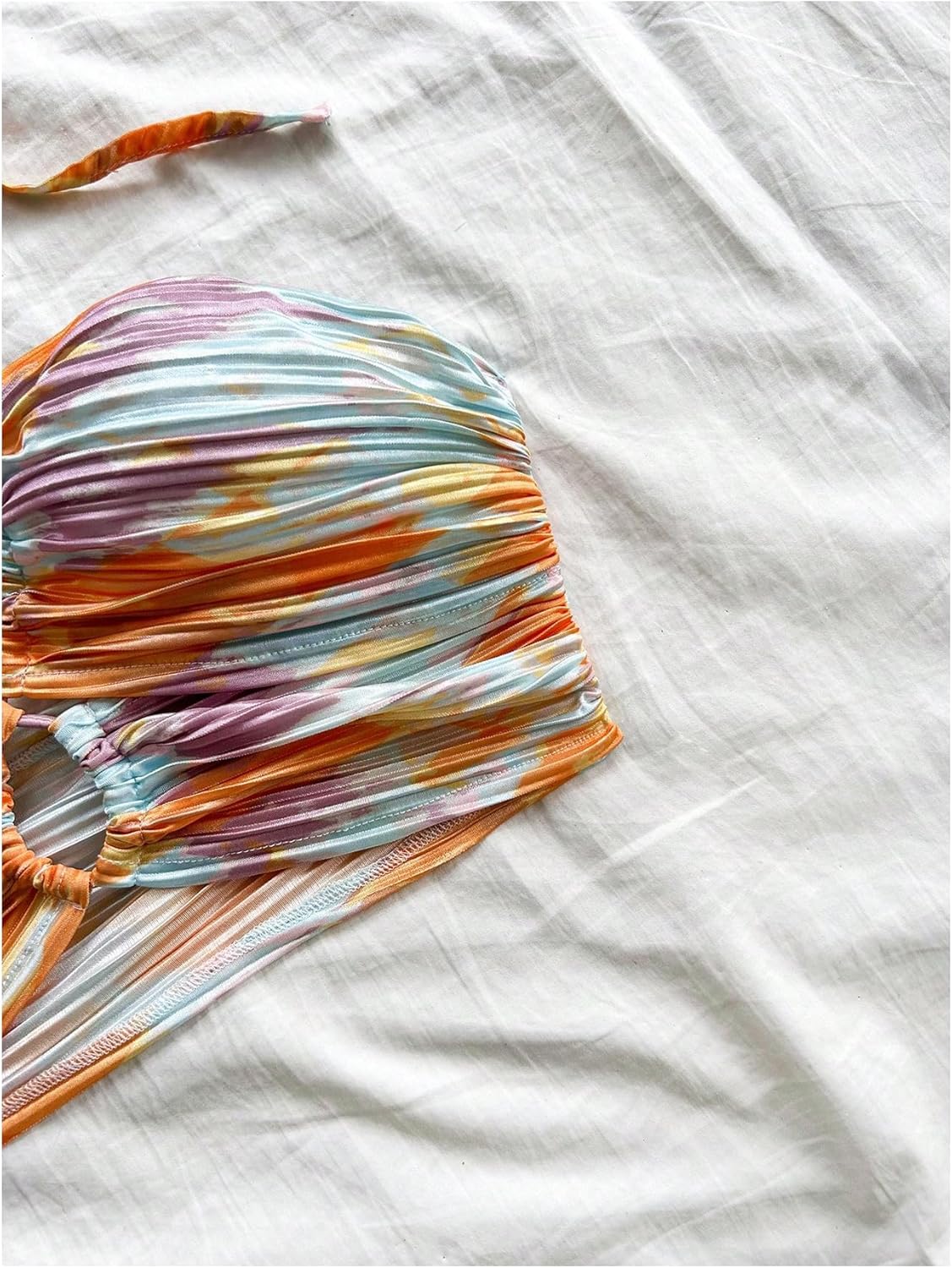 MakeMeChic Women's Floral Tie Dye Halter Top Ruched Criss Cross Cut Out Boho Crop Tops - Image 3