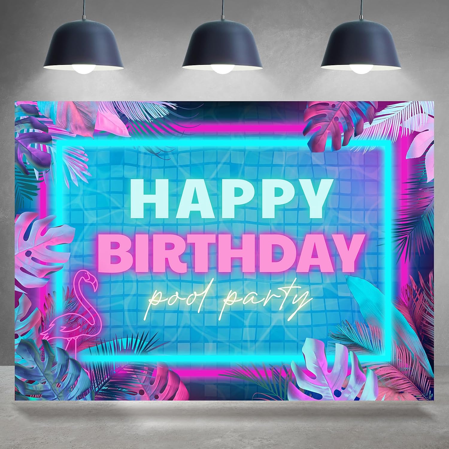 Happy Birthday Backdrop Summer Neon Swimming Pool Party Tropical Palm Tree Hawaiian Photography Background Happy Birthday Party Decoration Supplies Banner Favors Photo Booth Studio Props 7x5ft