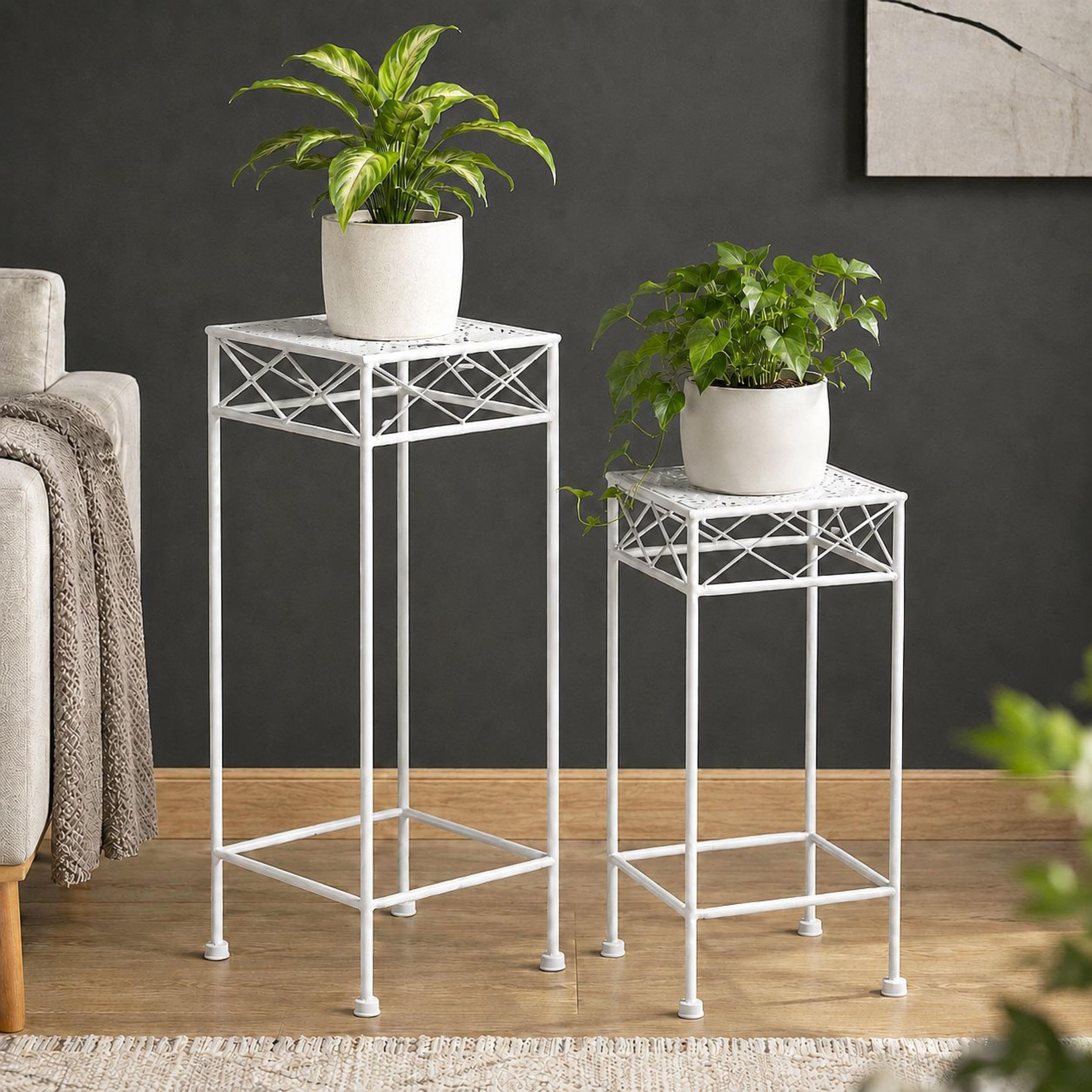 DanDiBo Blumenständer Metall Weiss Eckig 96314 2er Set Pflanzenständer Blumenhocker Beistelltisch Blumensäule Modern Pflanzenhocker
