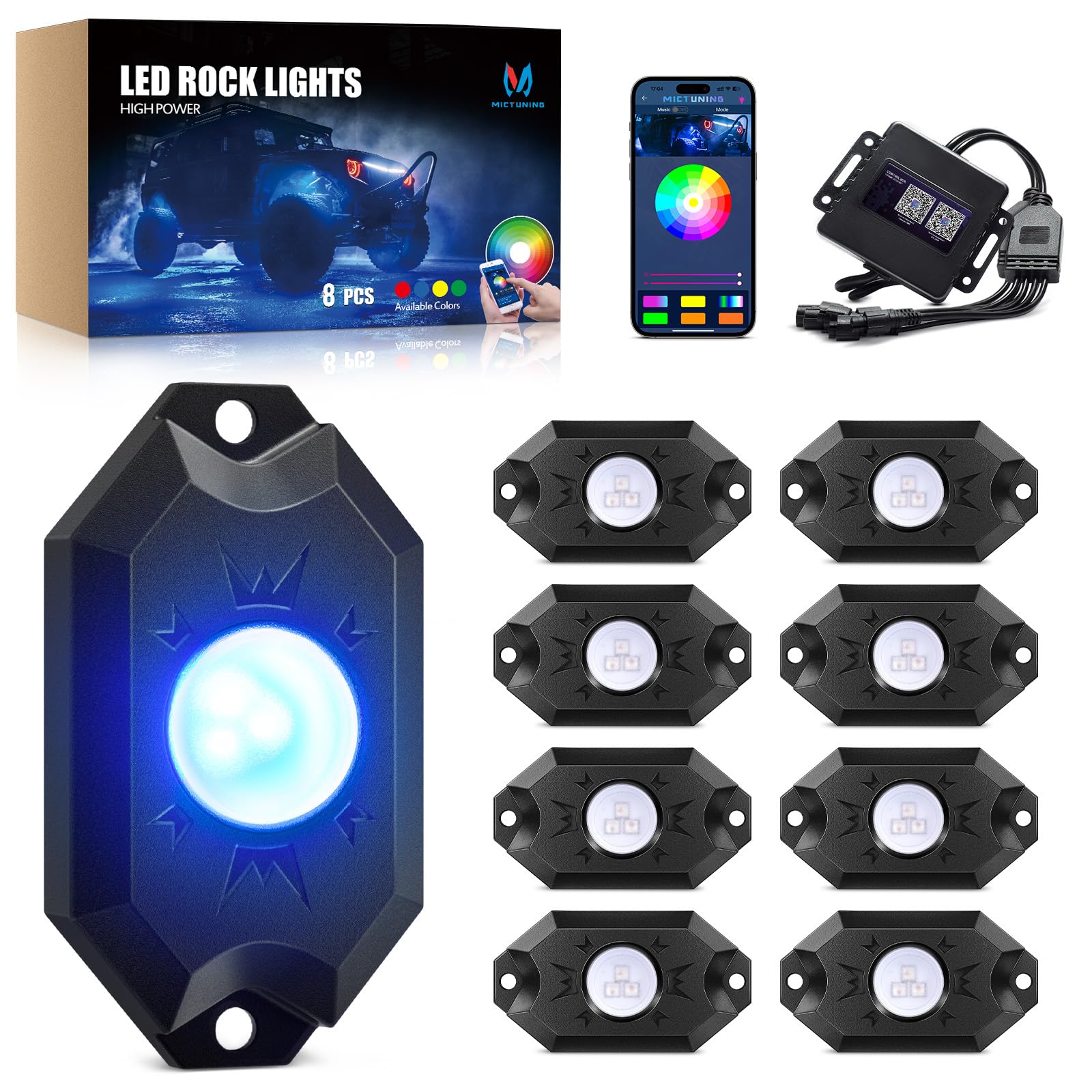 MICTUNING 2nd-Gen RGB LED Rock Lights with Bluetooth Controller, Timing Function, Music Mode - 8 Pods Multicolor Neon LED Light Kit