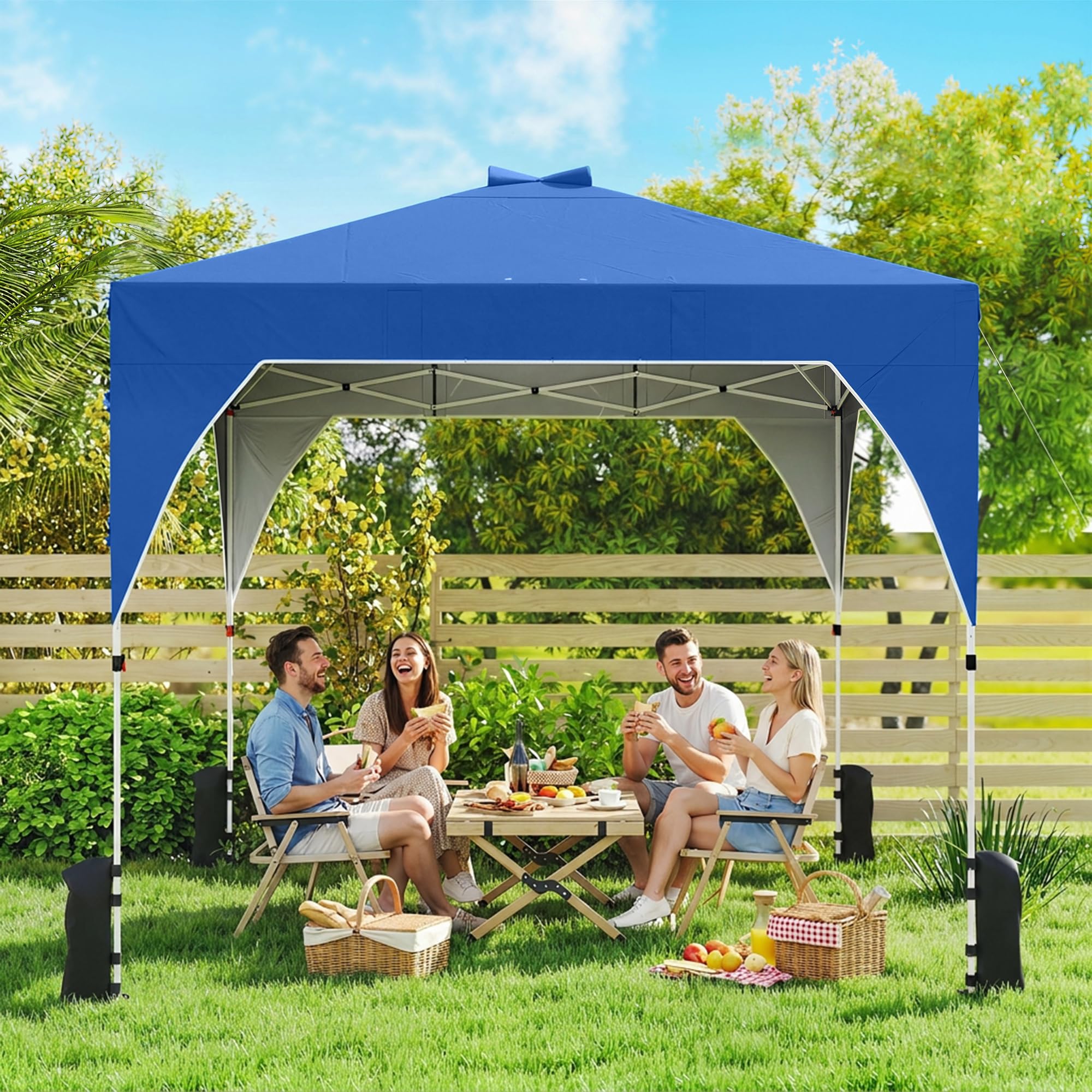 Outsunny Carpa Plegable 3x3 m, Pop-up, Cenador Pabellón de Jardín con Ventilación Superior, Bloqueo Central, UPF50+, Altura Ajustable 3 Niveles, Bolsa Transporte con Ruedas, Sacos de Arena, Azul