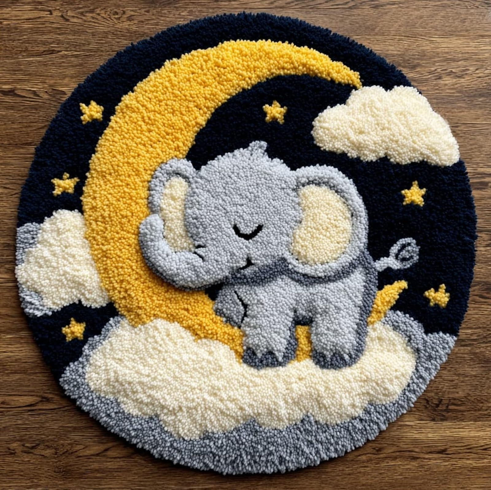 WallustrioaW DIY Tapestry Carpet Rug Making for Adults,The Little Elephant on the Moon,Crochet Kit for Beginners,Carpet Making Set with Printed Canvas,Gift,50x50cm