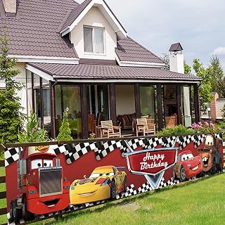 Cartoon Red Racing Cars Birthday Party Banner 118in x 20In Checkered Flag Garden Banner for Racing Car Themed Baby Shower Banner Decor Supplies Backdrop