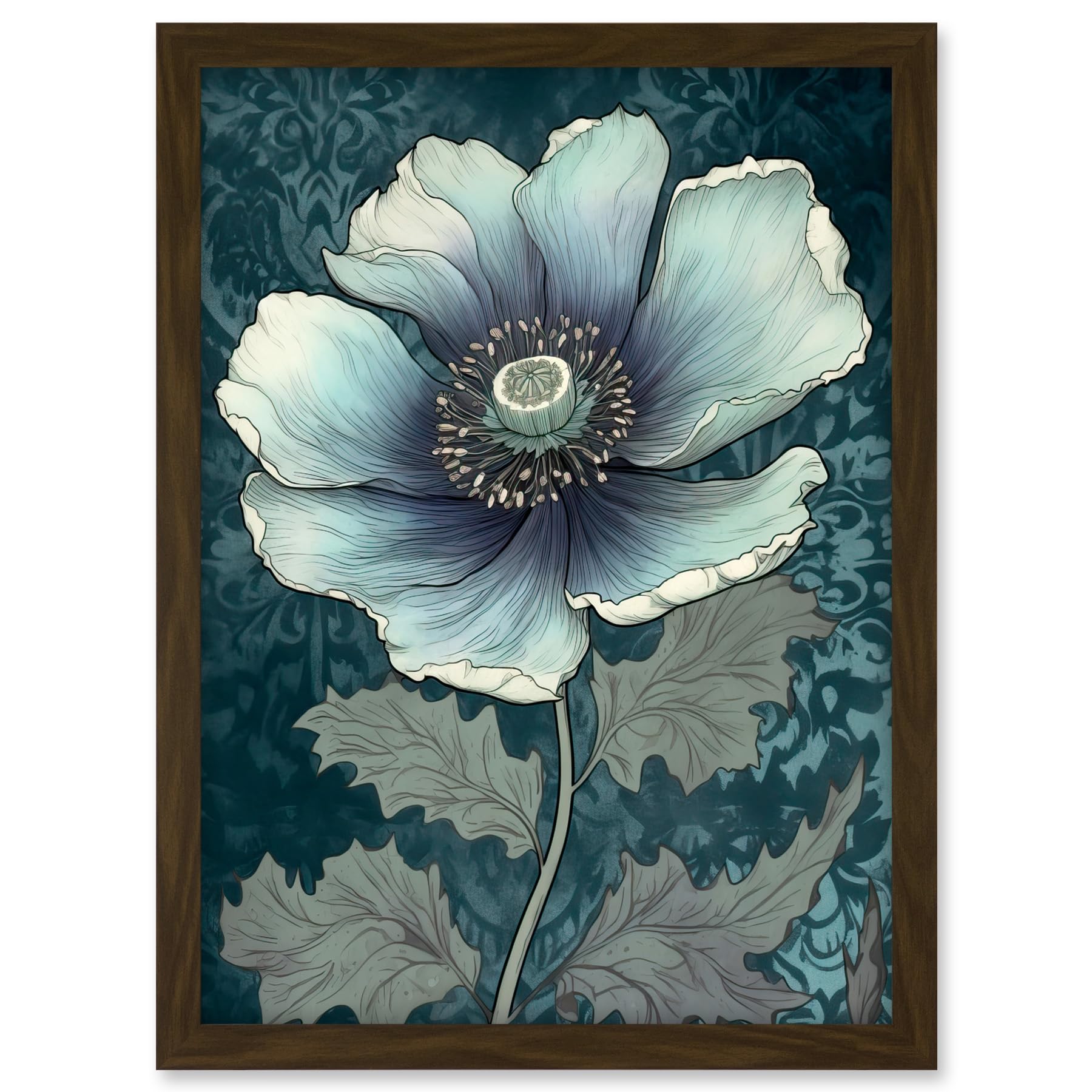 Artery8 Anemone Flower Bloom Teal Blue Watercolour Artwork Framed A3 Wall Art Print