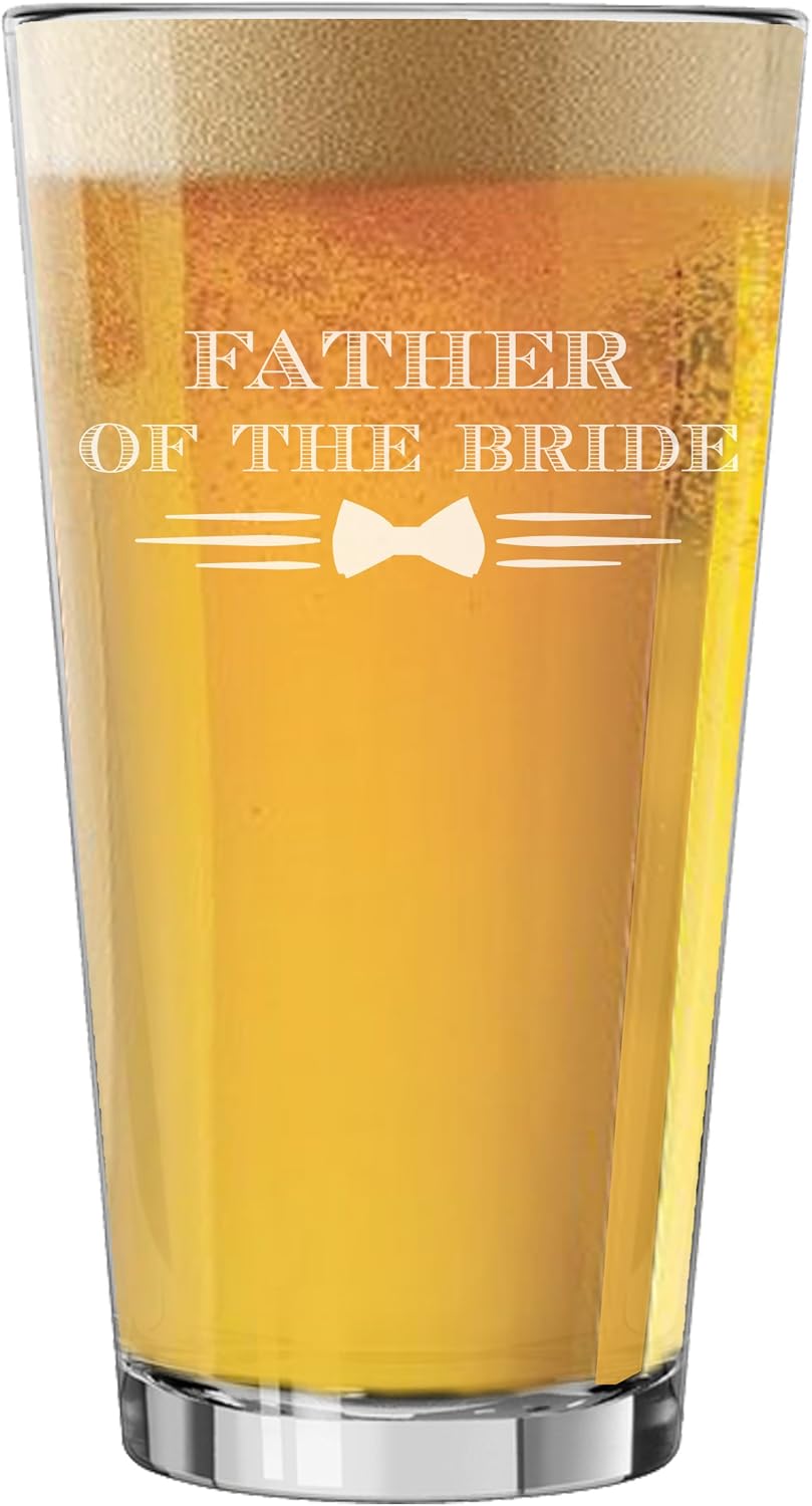 My Personal Memories Bow Tie 16 oz Pint Beer Glasses for Groomsmen, Best Man, Groom, Bachelor Party, Wedding Gift Favors (Father of the Groom)