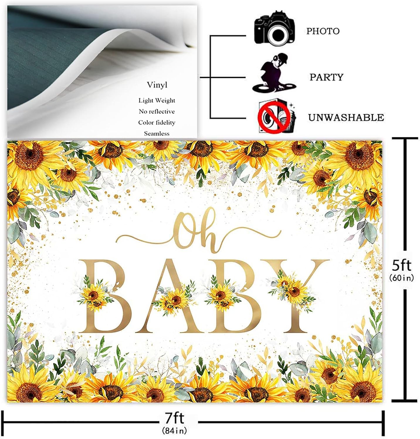 Avezano Sunflower Baby Shower Backdrop for Girl Party Decorations Photography Background Sunflower Oh Baby Backdrop Summer Yellow Floral Baby Shower (7x5ft)