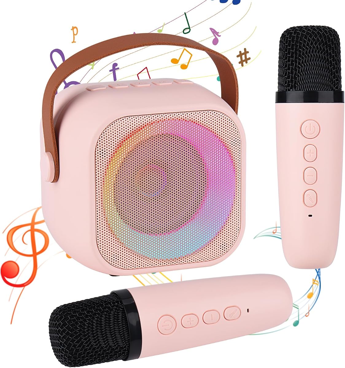 Máquina de karaoke para niños adultos, mini altavoz de karaoke Bluetooth portátil con 2 micrófonos inalámbricos y luces, juguetes para todos los teléfonos inteligentes, cumpleaños, familia, fiesta en casa, color rosa