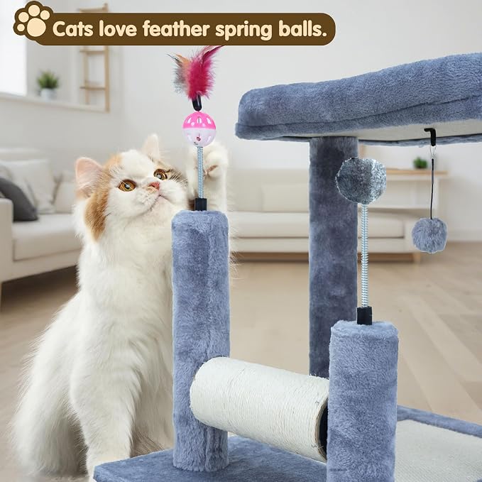 Rascador multifuncional para gatos con juguetes y cama miniatura 6