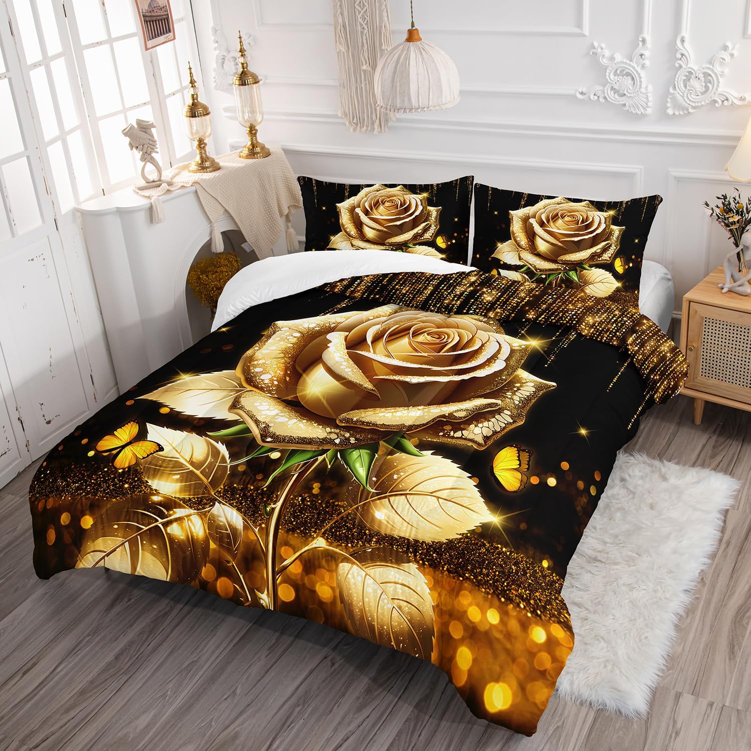 Rose Bedding Set for Girls Women, Twin Size Rose Floral Flower Butterfly Comforter, Golden Black Romantic Quilt Gift for Couple Lover, Room Decor for Valentine's Day