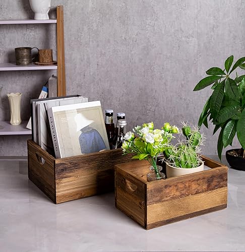 Miniatura 7 de TIMRIS Juego de 3 cajas de madera rústica envejecida anidables, cajas de almacenamiento de madera decorativas de estilo granja, cestas de madera