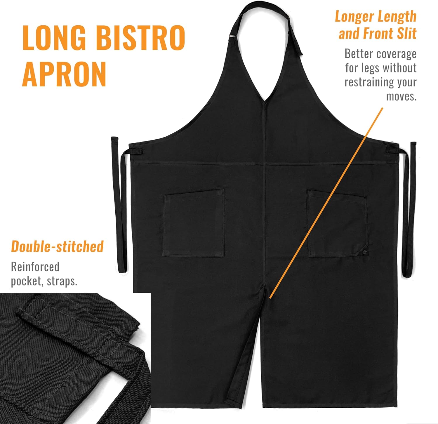 Under NY Sky V Neck Long Apron - Unisex Bib, Tuxedo Style - Lightweight, Front Slit, Hip Pockets - Adjustable For Server, Waiter, Chef, Bistro, Restaurant, Gift - Black V Neck Long Apron