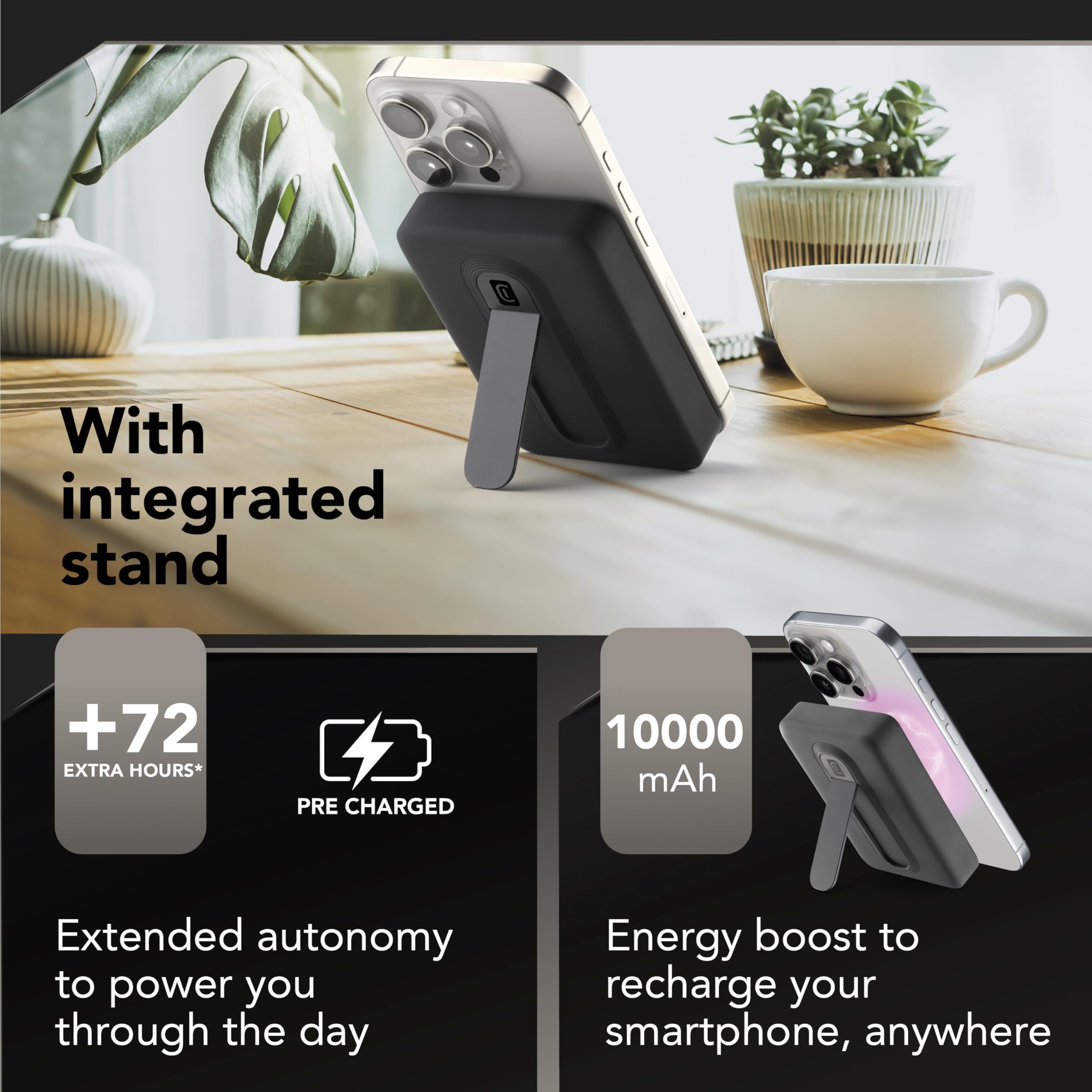 Cellularline Power Bank 10.000 mAh Qi2 15W con Soporte Integrado y USB-C 20W – Soft-Touch, mag Stand, Negro