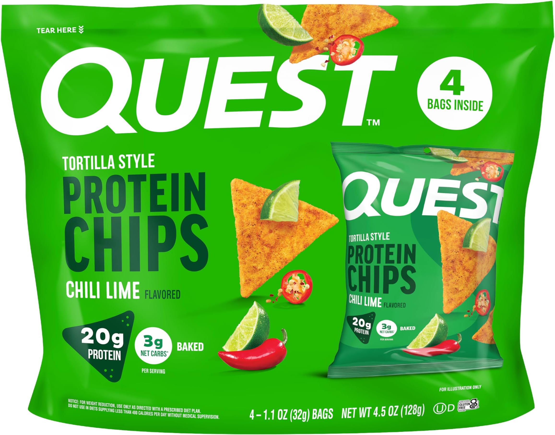 Nutrition Chili Lime Tortilla Style Protein Chips, 20g Protein, 3g Net Carbs, Low Carb, Gluten Free, 1.1 oz (Pack of 4)