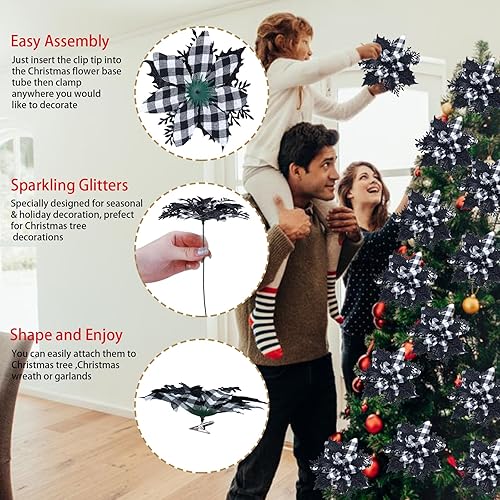 Miniatura 4 de GREENTIME 12 piezas de flores de Pascua artificiales con purpurina de 5.5 pulgadas, clips de búfalo de Navidad, adornos para árbol de Navidad,