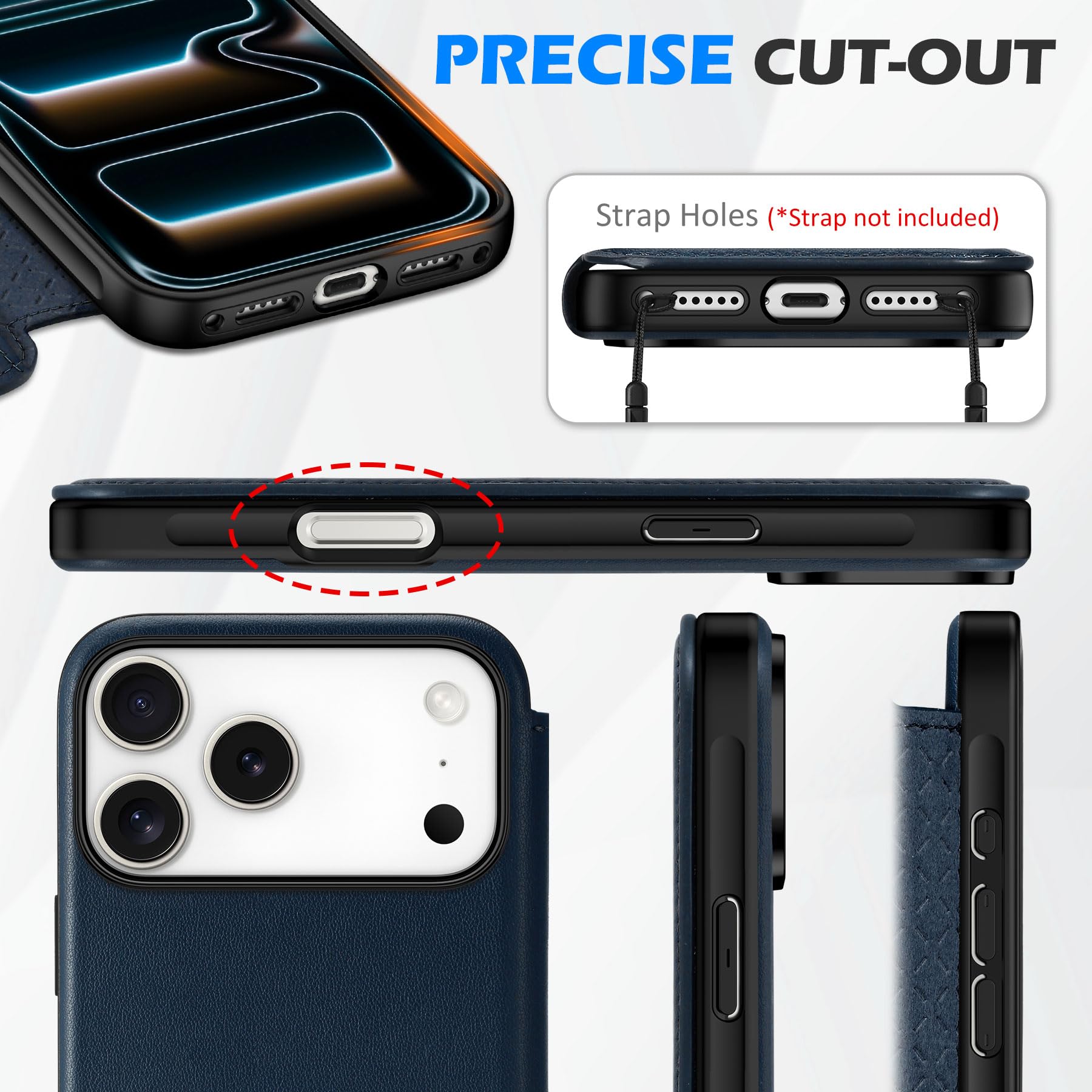 SHIELDON Funda de Cuero Genuino Tipo Cartera para iPhone 17 Pro MAX 6,9 Pulgadas 5G 2025, [Carga Inalámbrica][Bloqueo RFID] Funda de Cuero con Tapa Magnética Slim Wallet, Azul Marino