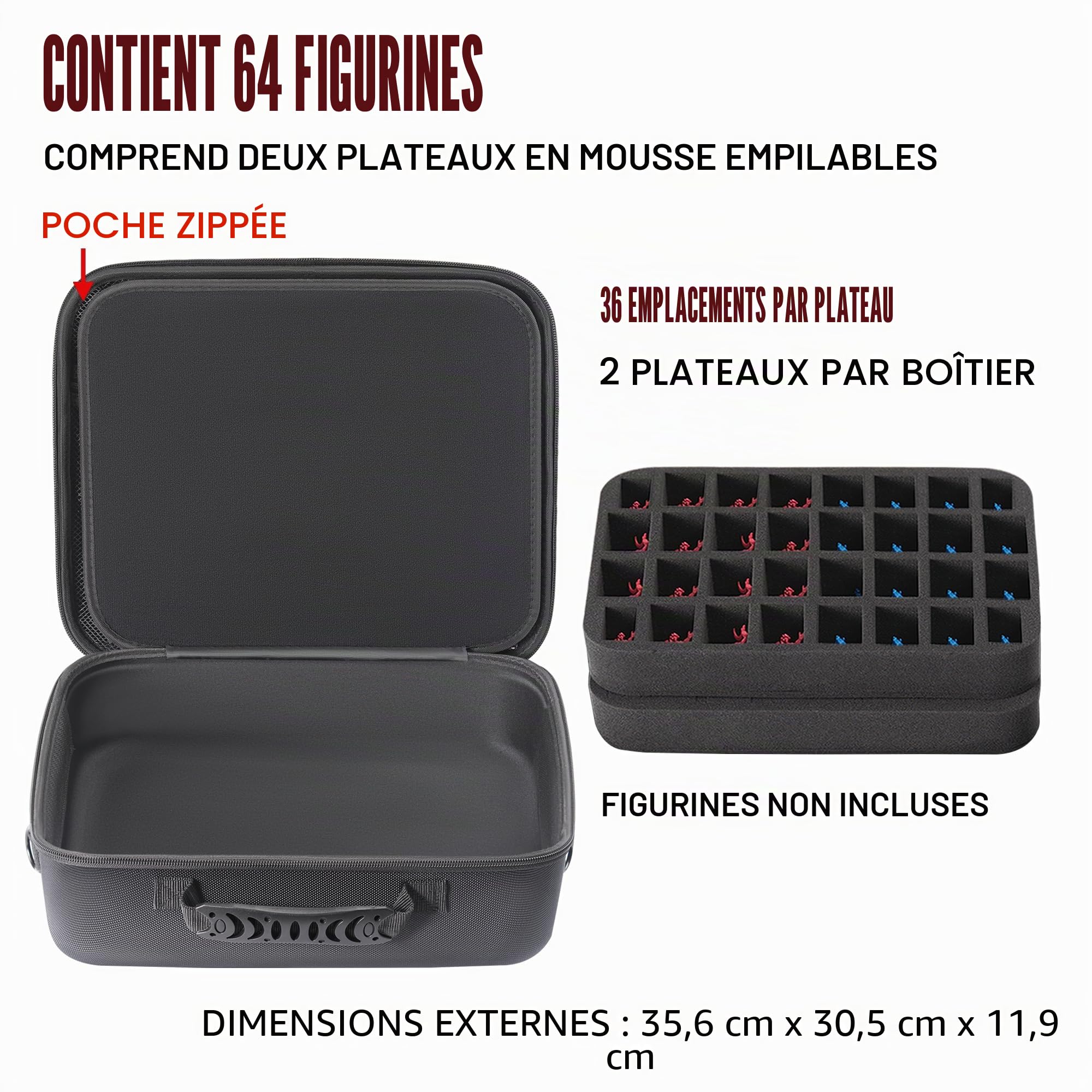 Étui de rangement miniature – 64 emplacements avec 2 plateaux en mousse absorbant les chocs pour Warhammer 40k, DND et plus encore 32 mm, étui avec bandoulière réglable et poche zippée. (64